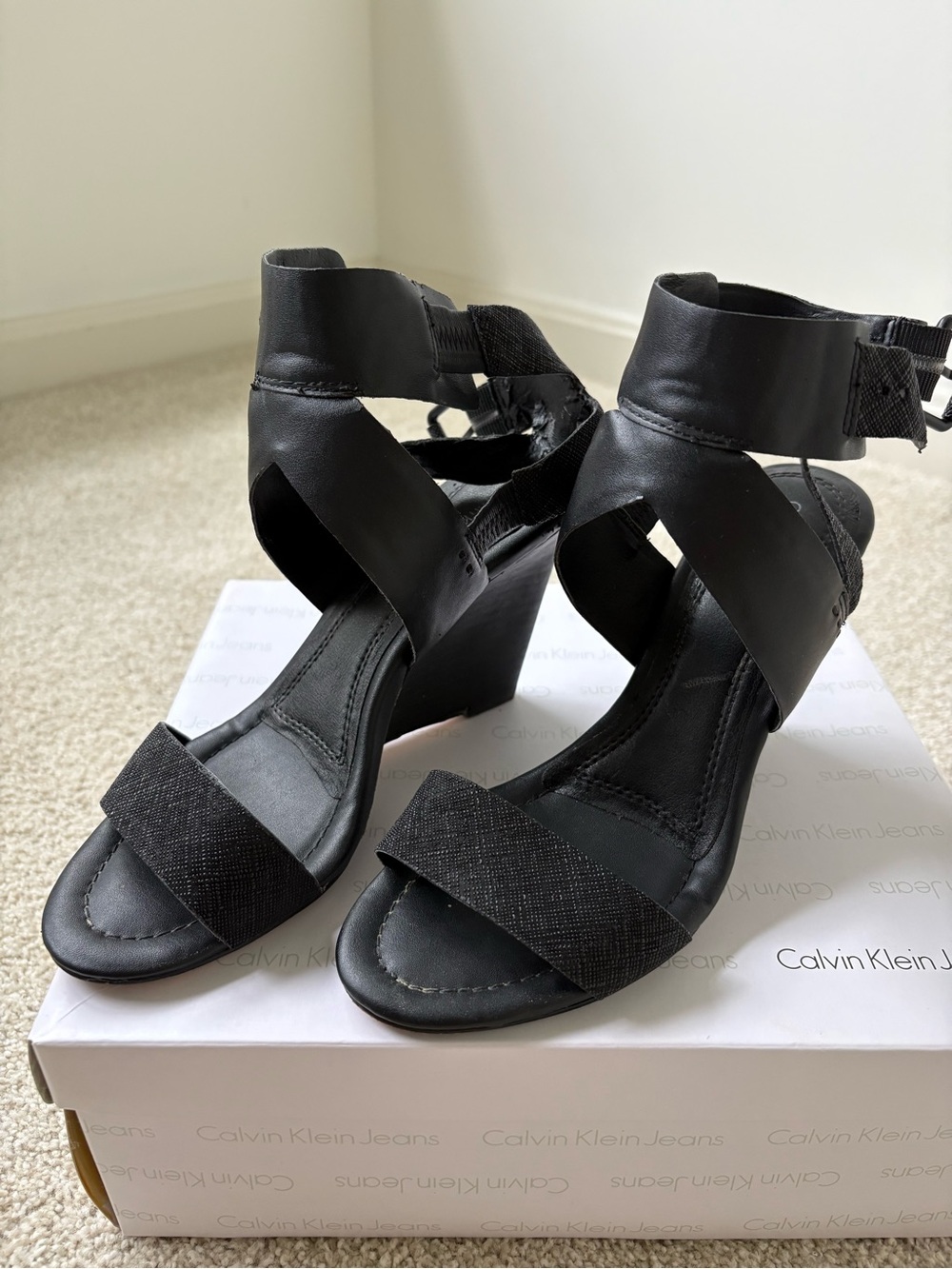 Calvin Klein Black Strappy Block-Heel Sandals